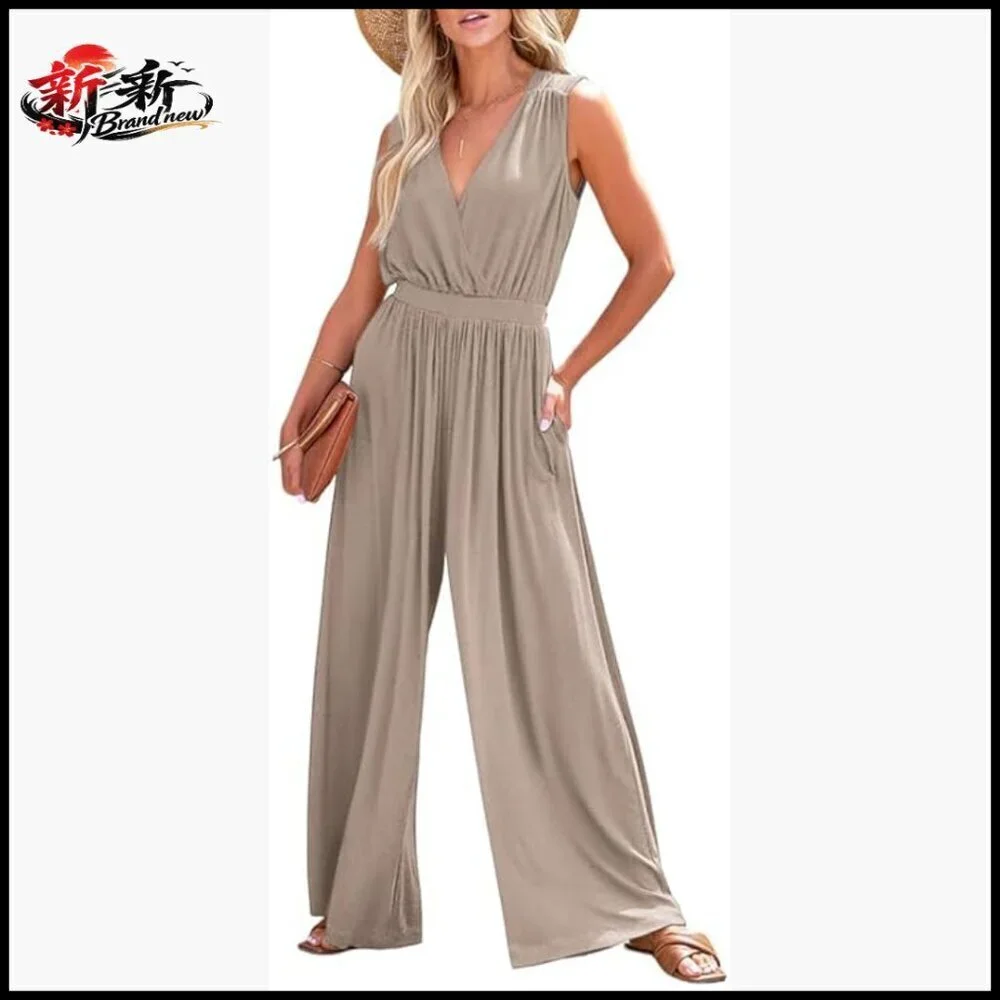 Sleeveless Jumpsuit Wrapped V Neck Wide Leg Pants Side Pockets